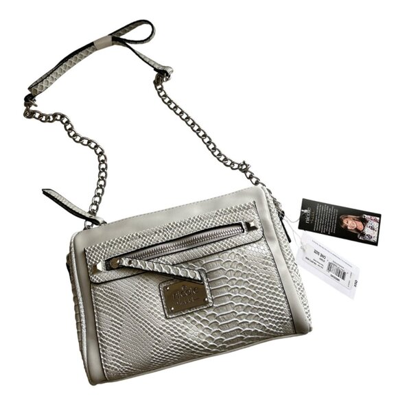 Nicole Miller Faux Snakeskin “Tess” Gray Crossbody Bag With Chain Strap - Picture 1 of 9